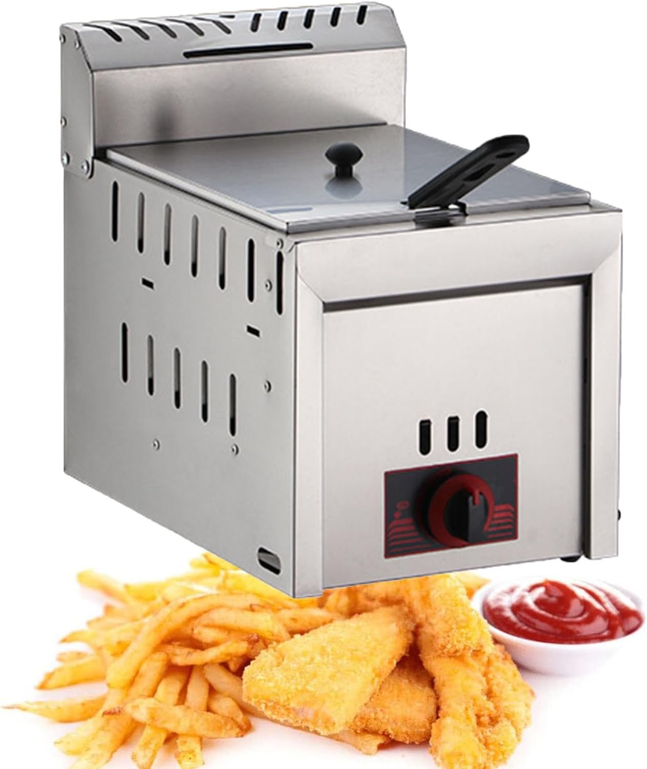6L Large Capacity Gas Fryer, Stainless Steel LPG Fryer, Single LPG Gas Deep Fat Fryer, Adjustable Firepower, Easy Clean, for French Fries Home Kitchen Restaurant
