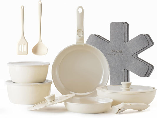 Redchef Ceramic Pots and Pans Set, Nonstick Kitchen Cookware Set with Detachable Handle, Non Toxic Cookware Set 16pcs, PFAS PFOA & PTFE Free, RV Ceramic Cookware for Camping, Dishwasher\/Oven Safe
