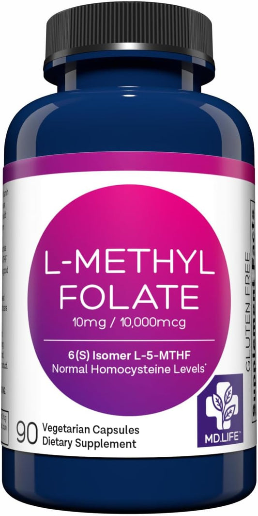 MD Life L-Methylfolate 10 mg Supplement - Professional-Grade Active L Methylfolate Supplement - 90 Capsules - L-Methylfolate 10mg - Maximum Potency MTHFR W\/Essential Amino Acids