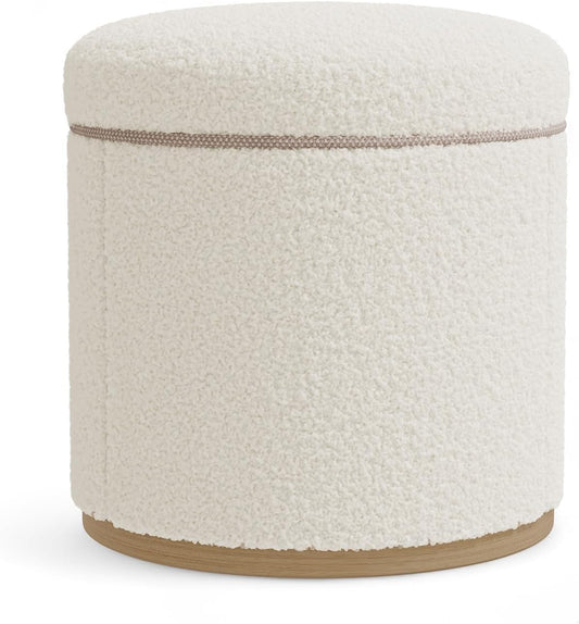 Round Ottoman with Storage, Small Ottoman Foot Rest, Footstool, Boucle Upholstered Vanity Stool, Storage Ottoman with Wood Frame and Base for Living Room, White