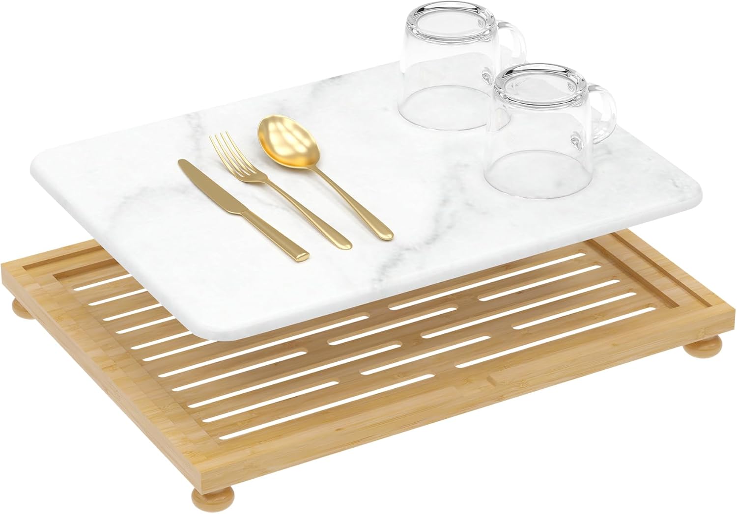 Golener Stone Drying Mat for Kitchen Counter, Dish Drying Pad with Bamboo Rack, Super Absorbent Diatomaceous Earth and Drying Rack, Multi-purpose Quick Drying Mat Rack for Kitchen,16\u201Dx12\u201D,Marble White