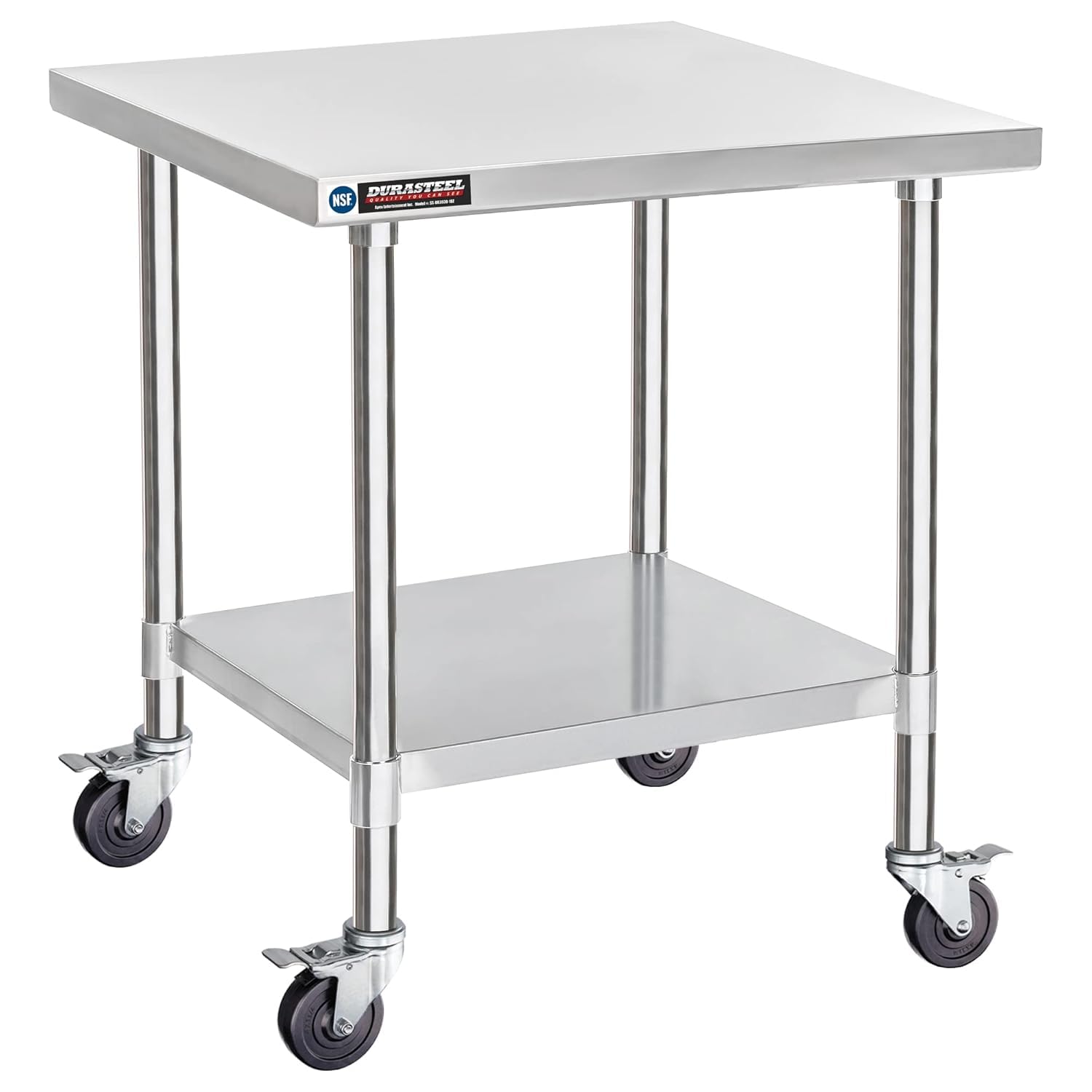 DuraSteel 30x30 NSF Stainless Steel Cart Work Table - Heavy Duty Rolling Food Prep Table Countertop Island - Metal Utility Cart on Wheels Caster, Grill Stand Storage Outdoor Kitchen Tables Bar Top