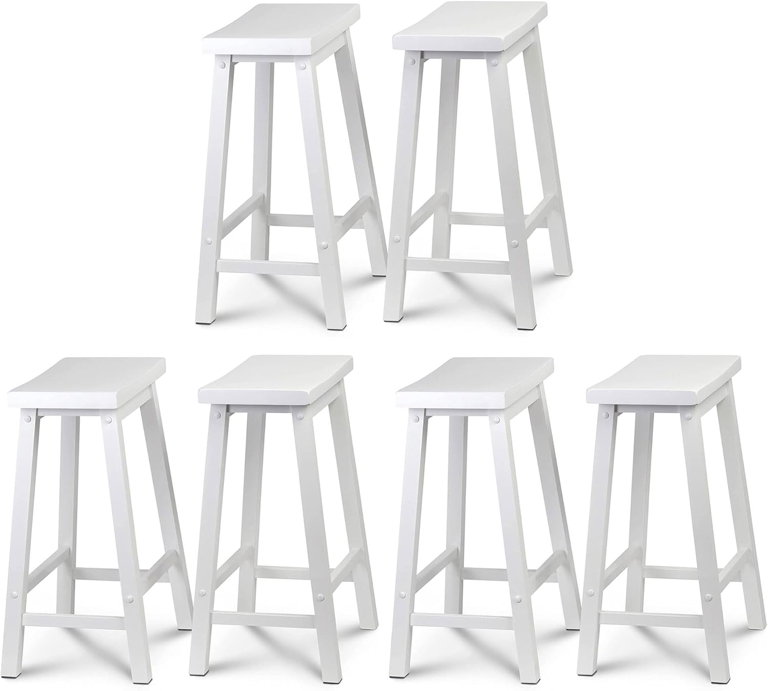 PJ Wood Classic Saddle-Seat 24" Tall Kitchen Counter Stools for Homes, Dining Spaces, and Bars w\/Backless Seats, 4 Square Legs, White (6 Pack)