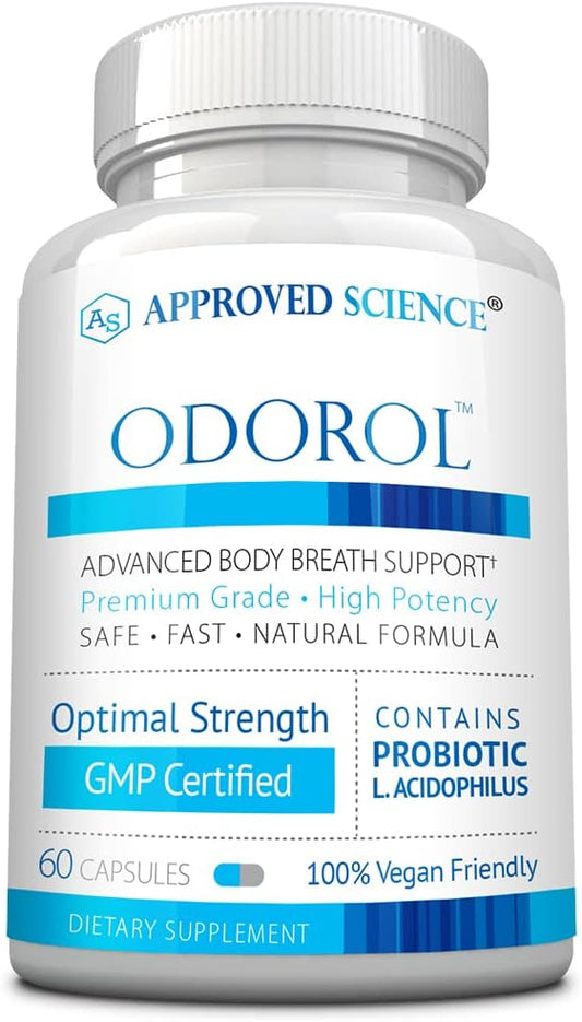Approved Science Odorol - 60 Capsules - Freshen Bad Breath and Body Odor - Contains L.acidophilus, Green Tea, Magnolia Bark, Peppermint Oil, and Fennel - All Natural, Vegan Friendly, Non-GMO
