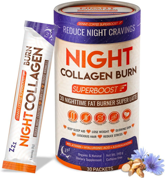 Night Collagen Burn - Weight Loss & Belly Fat Burner & Sleep Aid for Women & Men | Sleep Support for Bloating & Metabolism, Appetite Suppressant | Supports Skin, Hair, Nails & Joints | 30 Servings