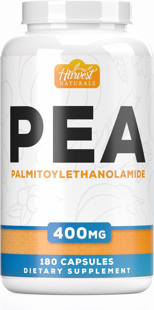 HARVEST NATURALS Palmitoylethanolamide Capsules | Pea 400mg | 180 Pill Count | Promotes Natural Inflammation & Discomfort Relief | Lab Tested Ingredients