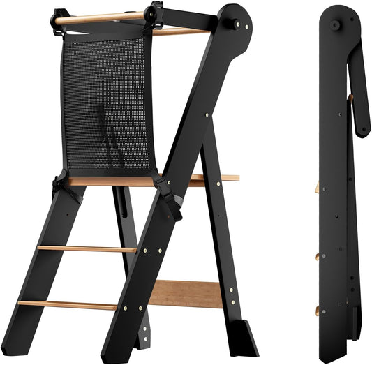 COSYLAND Foldable Toddler Standing Tower - Adjustable Height Folding Step Stool Kid Toddler Kitchen Stool Helper for Learning and Cooking - Ages 18 Months to 6 Years with safety Net Natural & Charcoal