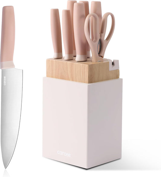 CAROTE Kitchen Block Knife Set with Sharpener, Dishwasher Safe Block Knife Set 9Pcs, Forged Cutlery with Razor-Sharp Stainless Steel Blades, Pink