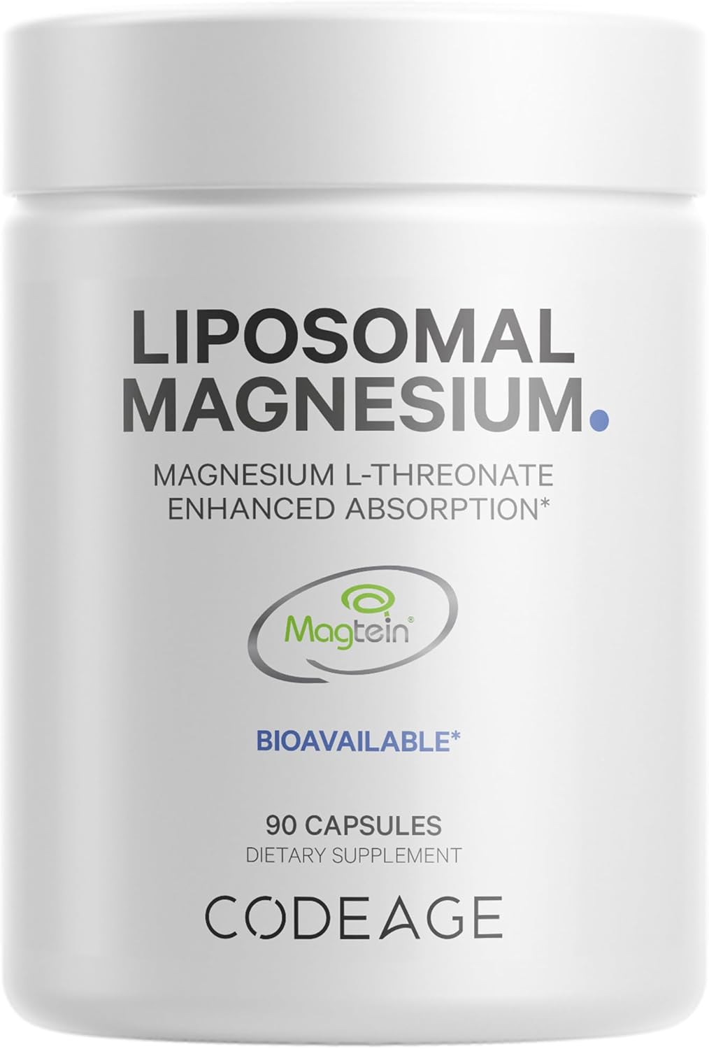 Codeage Liposomal Magnesium L-Threonate Supplement, Patented Magtein Magnesium Threonate for Brain Health, Memory and Cognitive Function Support, Bioavailable, Non-GMO - 90 Capsules