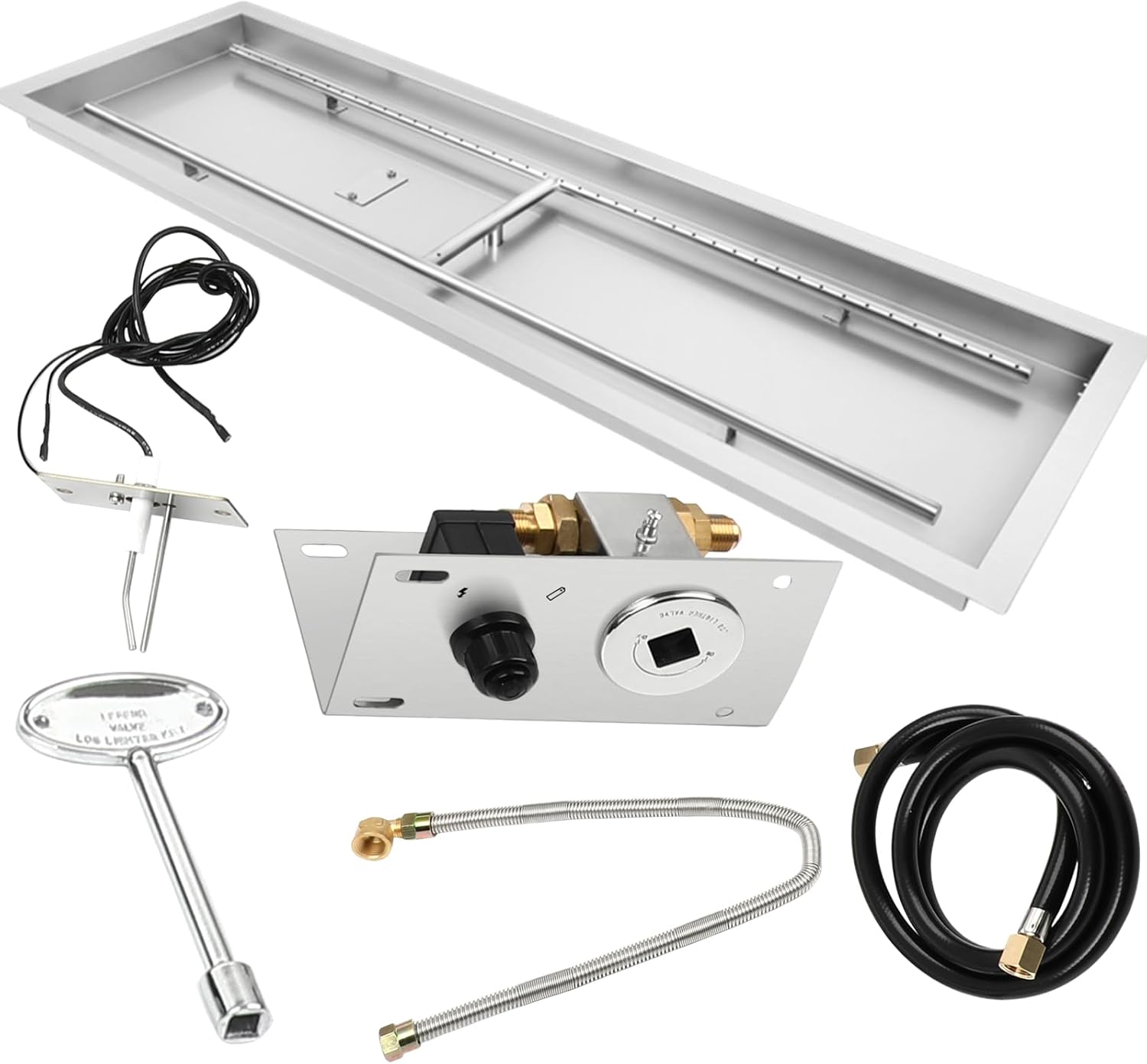 FAHKNS 48" x 14" Rectangular Fire Pit Pan Kit, for Indoor or Outdoor Large Built-in Fire Table. Stainless Steel Drop-in Fire Pit Pan with H-Shaped Burner, Spark Ignition Kit