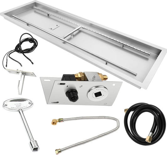 FAHKNS 48" x 14" Rectangular Fire Pit Pan Kit, for Indoor or Outdoor Large Built-in Fire Table. Stainless Steel Drop-in Fire Pit Pan with H-Shaped Burner, Spark Ignition Kit