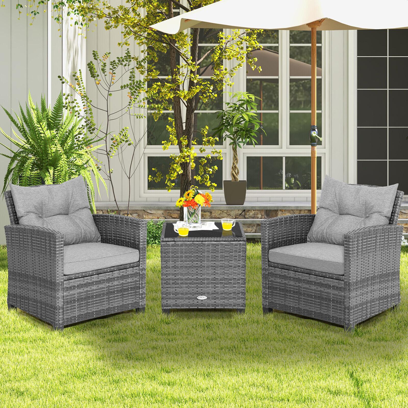 BABOOM Patio Furniture Set 3 -Piece Wicker Patio Conversation Set with Gray Polyester Cushions