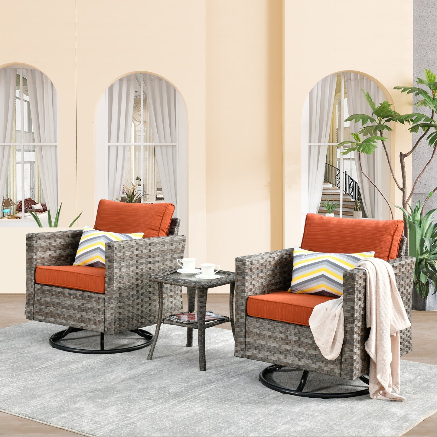 Ovios Shine Set of 2 Rattan Gray Swivel rocker Rocking Chair with Orange Cushioned Seat