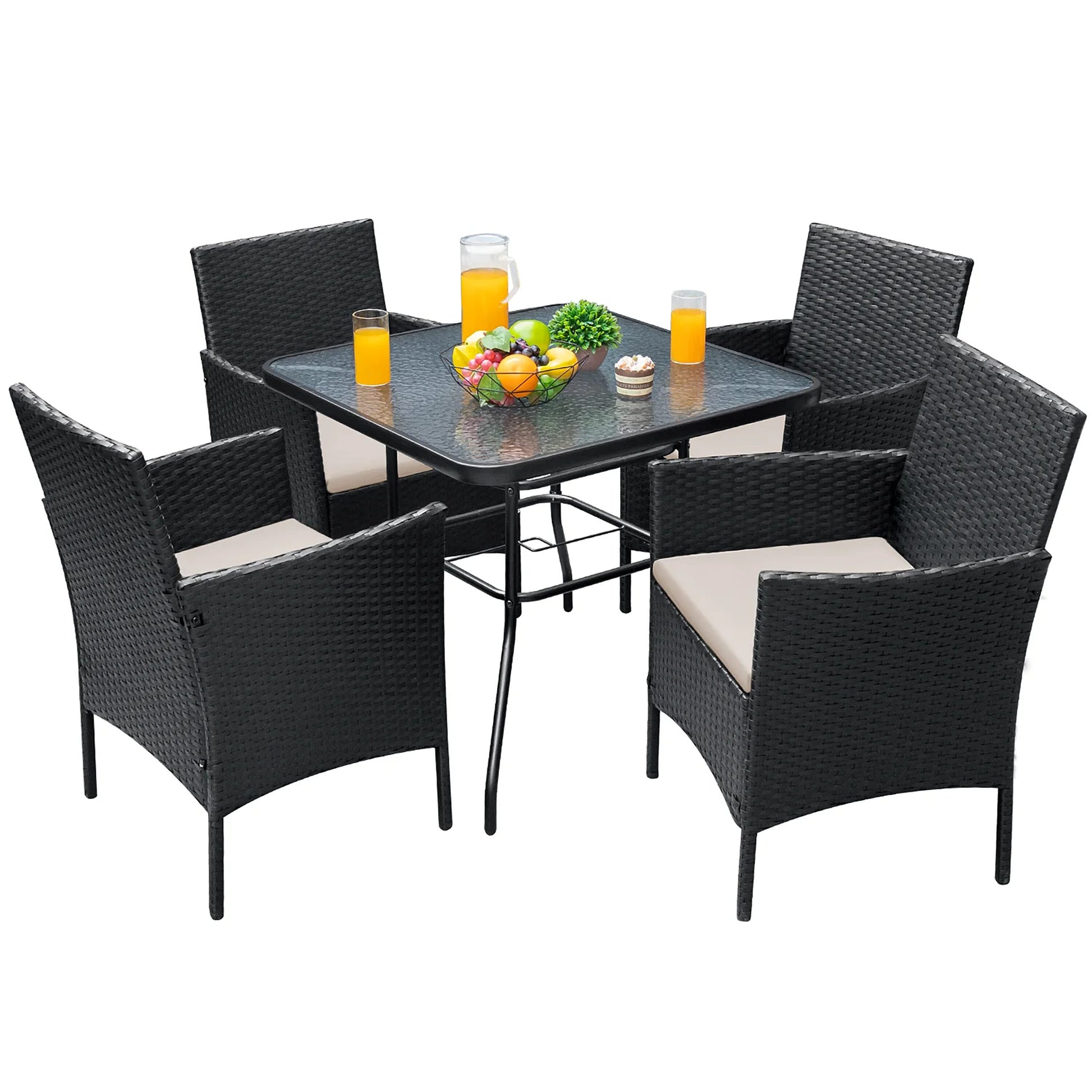 Vineego 5 -Piece Black Wicker Patio Dining Set Steel Square Table with 4 Off-white Cushions Stationary Chairs