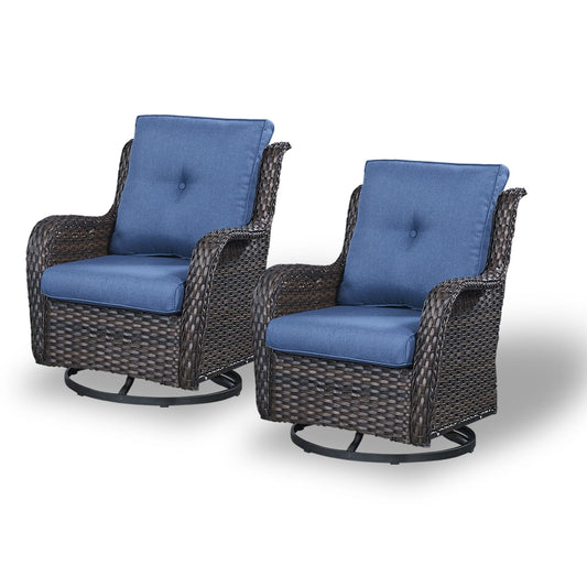 Rilyson Curved handrail Set of 2 Wicker Brown Wicker Frame Swivel glider Rocking Chair with Blue Blue Cushioned Seat