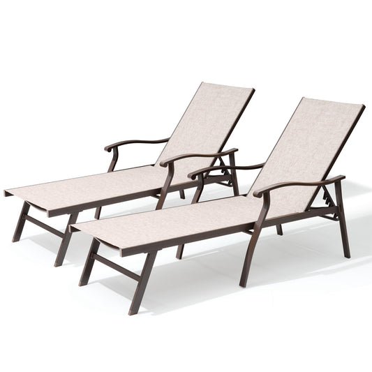 Pellebant Chaise lounge Set of 2 dark brown Aluminum Frame Stationary Chaise Lounge Chair with Off-white Mesh Seat
