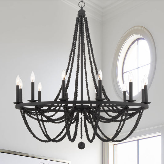 ACROMA Streator 12 -Light Matte Black Farmhouse Bare bulb For Use in Bedrooms, Dining Rooms, Foyers, Kitchens, Living Rooms Chandelier