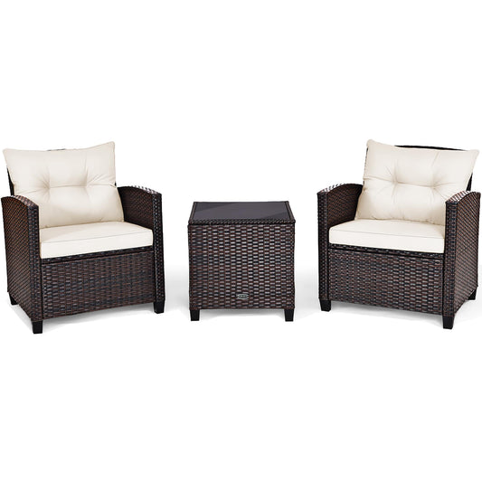 Forclover 3 -Piece Rattan Patio Conversation Set with White Cushions