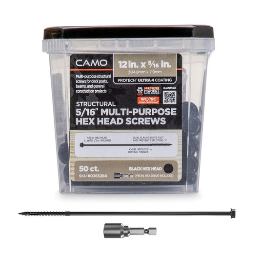 CAMO 5/16-in x 12-in Black Galvanized/Coated Hex-Head Exterior Structural Wood Screws (50-Pack) 365284