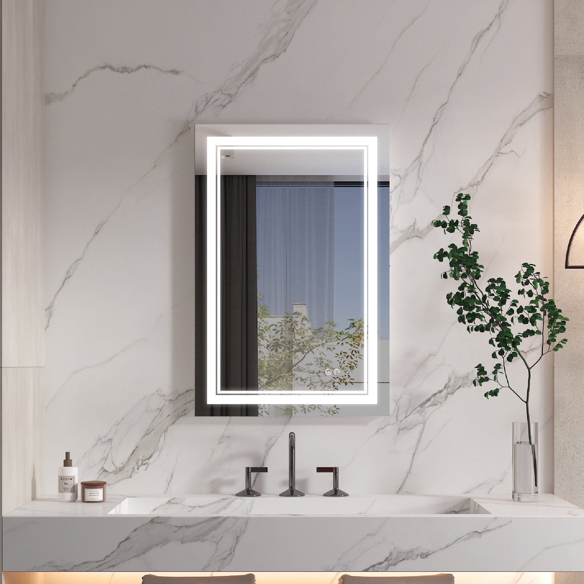 WELLFOR Nura LED Mirror 28-in x 36-in Polished Frameless Rectangle Dimmable LED Lighted Fog Free Bathroom Vanity Mirror ( Silver )
