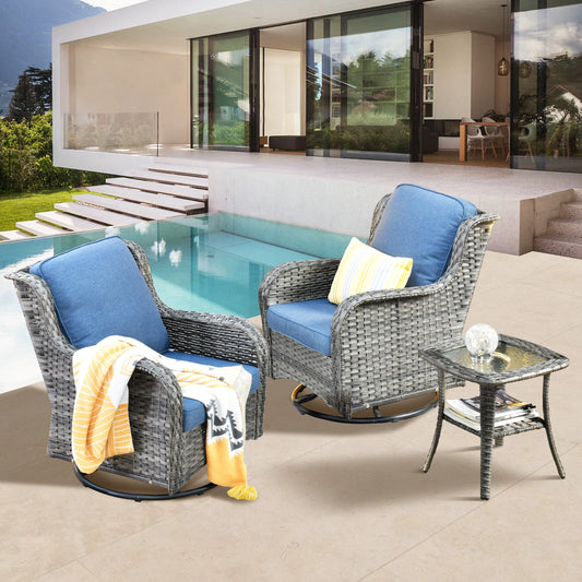 XIZZI Vesta 3 -Piece Wicker Patio Conversation Set with Blue Cushions