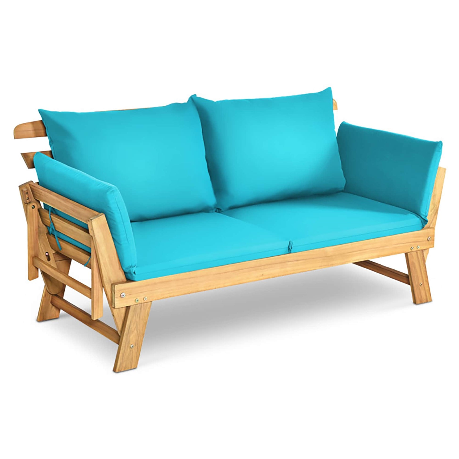 Forclover Adjustable Patio Convertible Sofa with Thick Cushion Outdoor Loveseat with Blue Cushions and Wood Frame