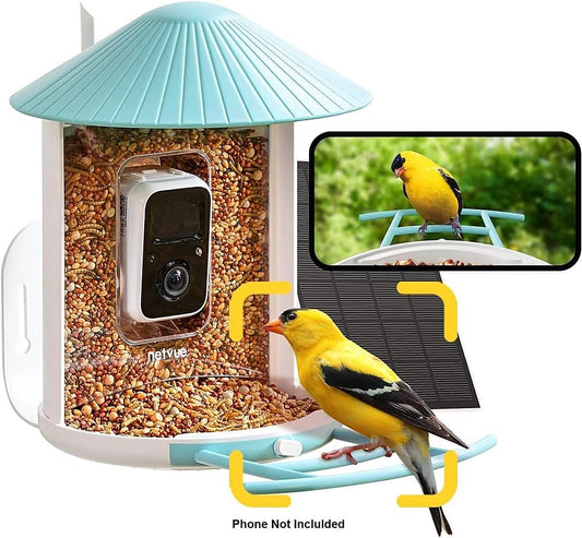 BIRDFY - Smart Wild Bird Feeder w/HD Camera, Solar Power, and AI Enabled Bird Recognition - Blue and White