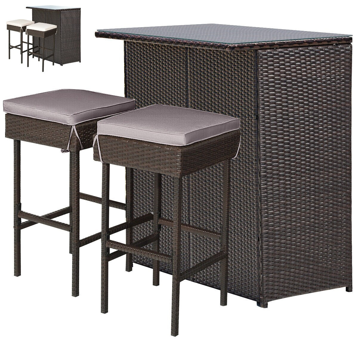 WELLFOR 3 -Piece Brown Rattan Bar Height Patio Dining Set Rattan Rectangle Table with 2 Gray Cushions Stationary Chairs