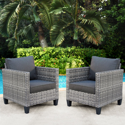 Ovios Set of 2 Wicker Grey Metal Frame Stationary Conversation Chair with Black Cushioned Seat
