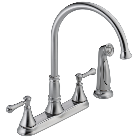 Delta Cassidy Arctic Stainless Double Handle Deck-mount Kitchen Faucet ( Deck Plate Included ) ( Side Sprayer Included )