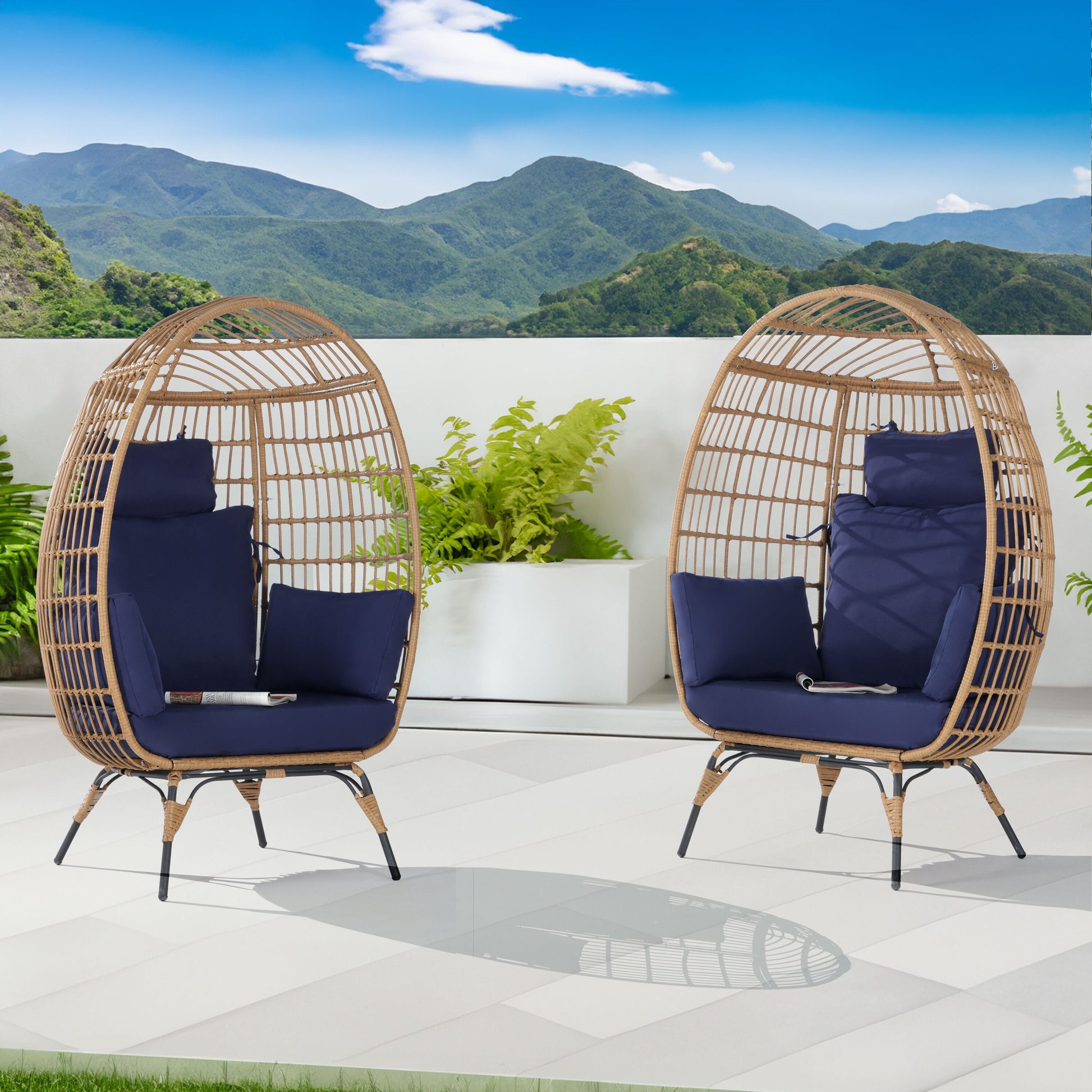 SANSTAR Patio Chairs Set of 2 Wicker Brown Metal Frame Stationary Egg Chair with Navy 220gsm Polyester Cushioned Seat