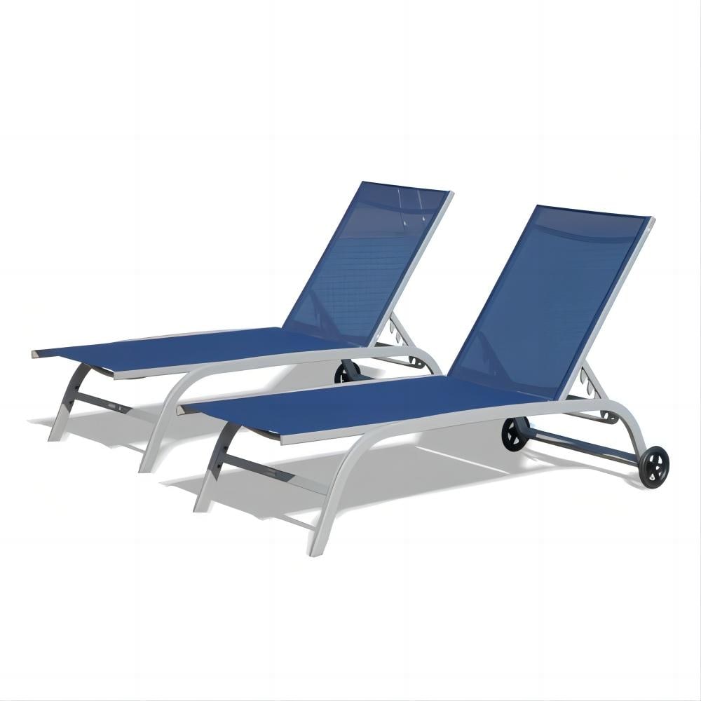 Clihome Chaise Lounge Outdoor Set of 2 Set of 2 Woven Stackable Gray Aluminum Frame Stationary Chaise Lounge Chair with Blue Woven Seat