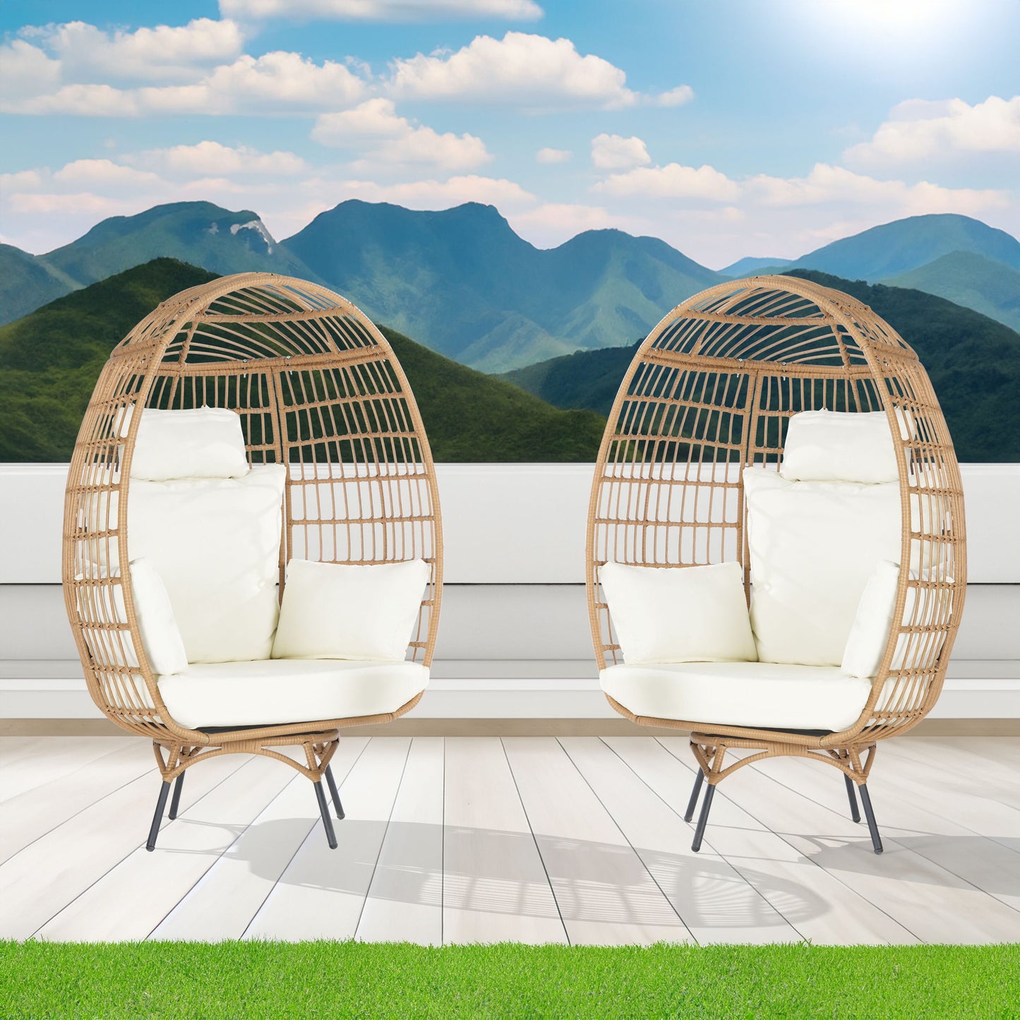 SANSTAR Patio Chairs Set of 2 Wicker Gray Metal Frame Spring motion Egg Chair with Off-white 220gsm Polyester Cushioned Seat