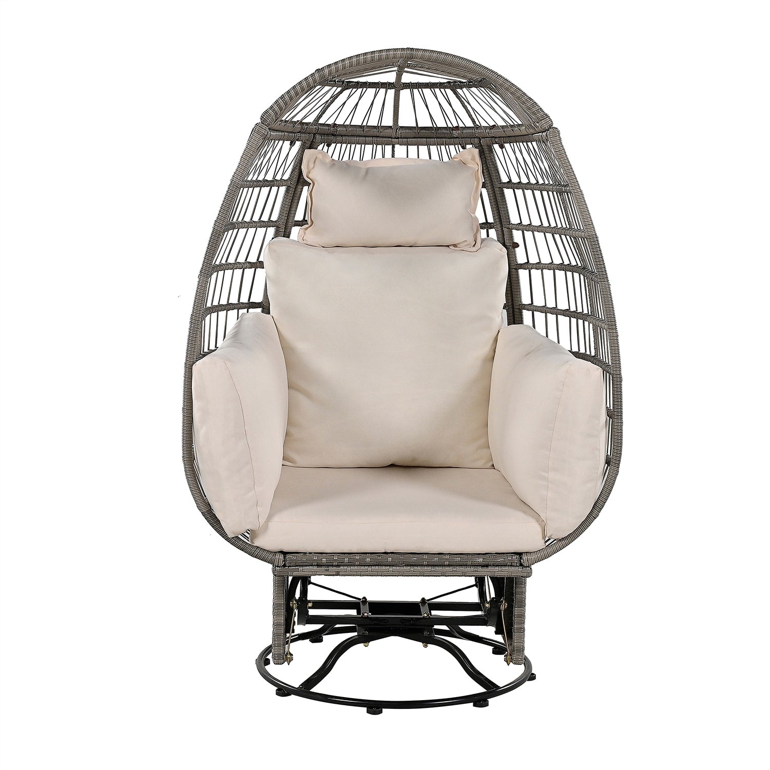Bybafun Wicker Beige+Gray Iron Frame Swivel rocker Egg Chair with Off-white Cushioned Seat