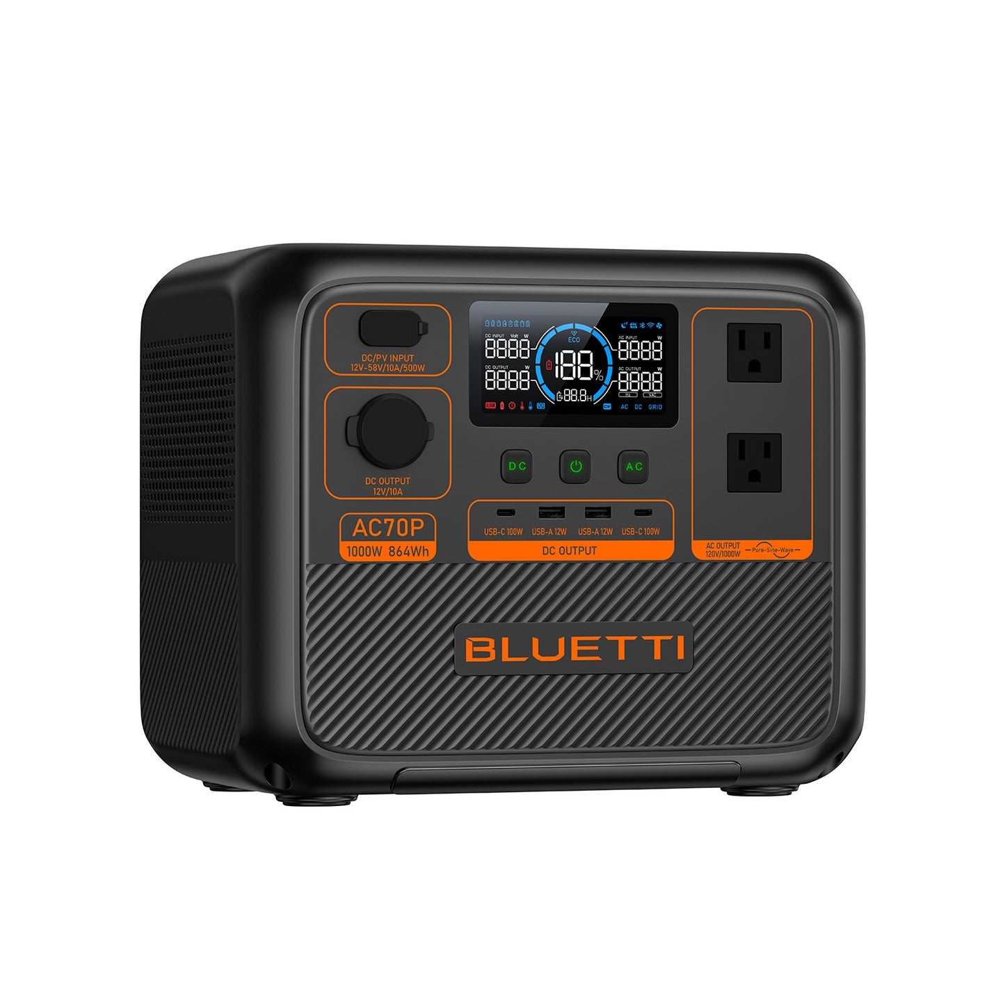 BLUETTI Premium Series 864Wh 1000-Watts Portable Power Station AC70P-US-GY-BL-LWSUS