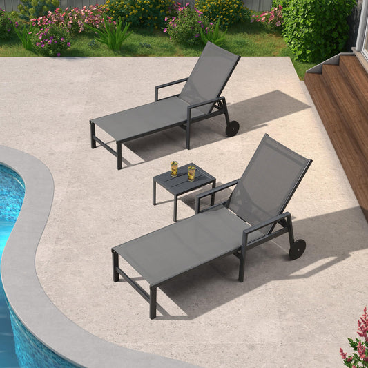 PURPLE LEAF Chaise lounge Set of 2 With Armrest Aluminum Frame Stationary Chaise Lounge Chair with Gray Cushioned Seat