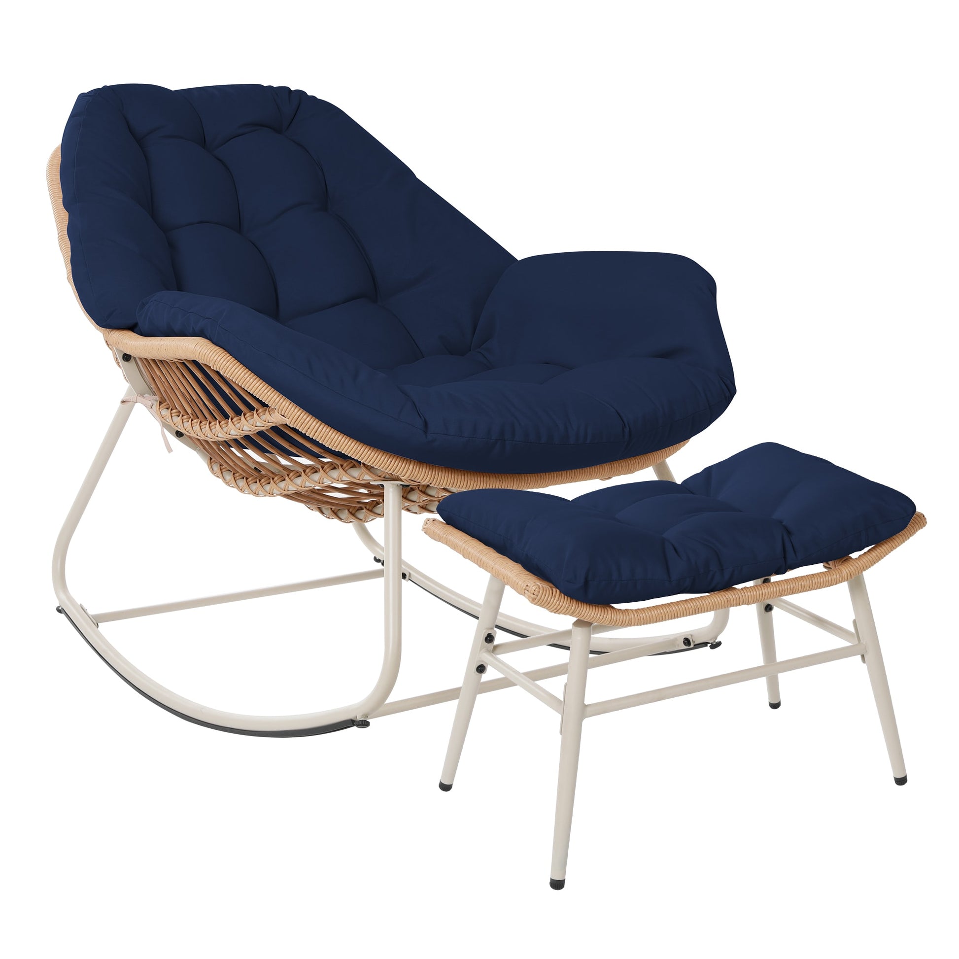 Patio Watcher Egg Rocking Chair Wicker Beige Iron Frame Rocker Rocking Chair with Navy Cushioned Seat