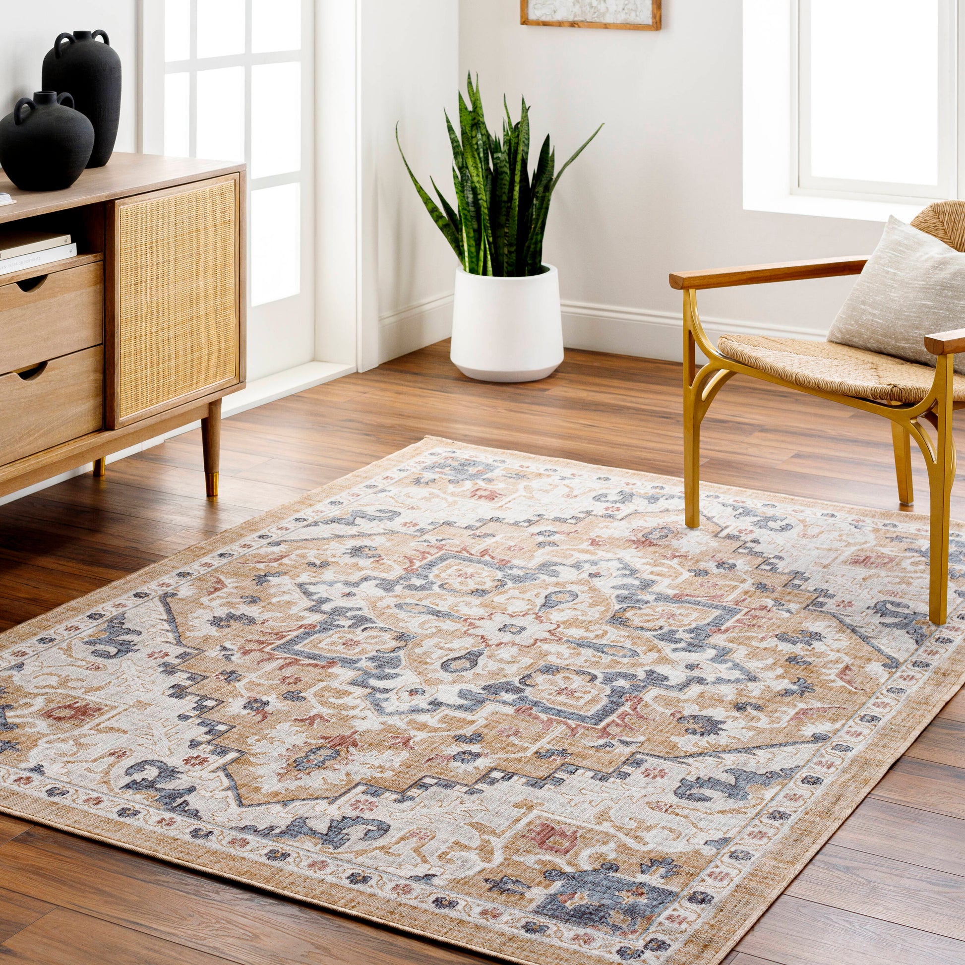 Livabliss Juliet 7 x 9 (ft) Flatweave Metallic Gold Rectangular Indoor/Outdoor Medallion Oriental Pet Friendly Area rug