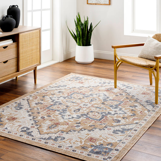 Livabliss Juliet 7 x 9 (ft) Flatweave Metallic Gold Rectangular Indoor/Outdoor Medallion Oriental Pet Friendly Area rug