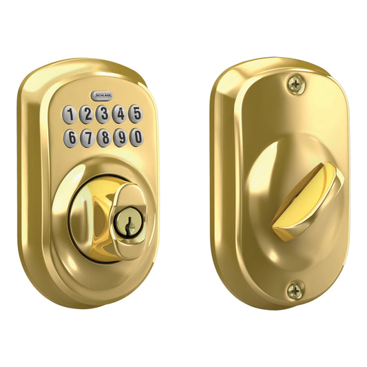 Schlage Plymouth Bright Brass Electronic Deadbolt with Keypad BE365 V PLY 505