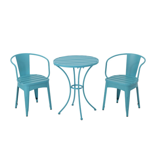AHIOU HOME Berkeley 3 -Piece Blue Bistro Patio Dining Set Steel Round Table with 2 Stationary Chairs