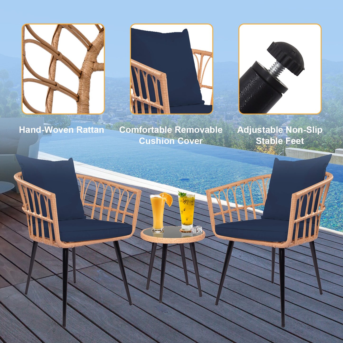 Hrinhom 2 -Piece Rattan Patio Conversation Set with Blue Cushions