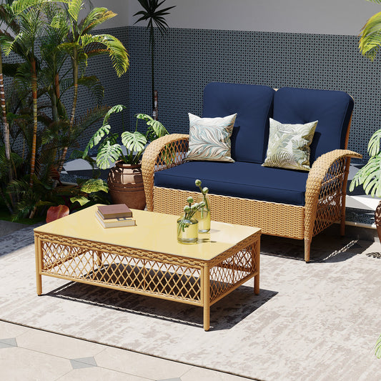 Patio Watcher 2-Piece Rattan Patio Conversation Set with Blue Beige Cushions