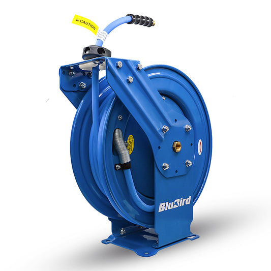 BluBird BluBird 1/2 x 50' Dual Arm Hose Reel Durable pneumatic hose reel ideal for automotive and industrial tasks. Mountable design, brass swivel joints and non-snag rollers make it a top choice. BBRDA1250