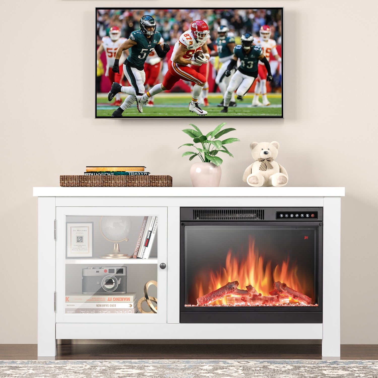 COWSAR 47.64-in W White TV Stand with Infrared Quartz Electric Fireplace LSSM2304W