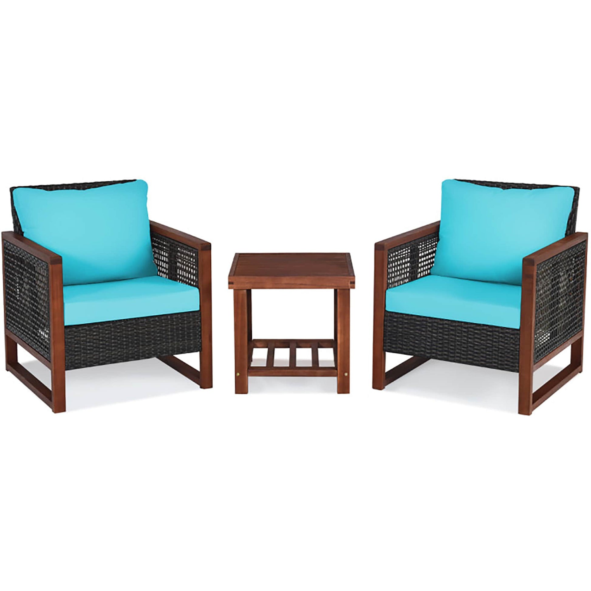 Sumyeg 3 Pieces Acacia Wood Patio Furniture Set with Coffee Table 3 -Piece Rattan Patio Conversation Set with Blue Cushions