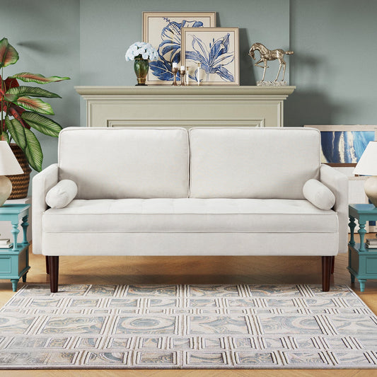 68" Loveseat Sofa, Mid Century Modern Couches for Living Room, 2 Seater Couches with 2 Pillows for Bedroom Furniture, Apartment,White