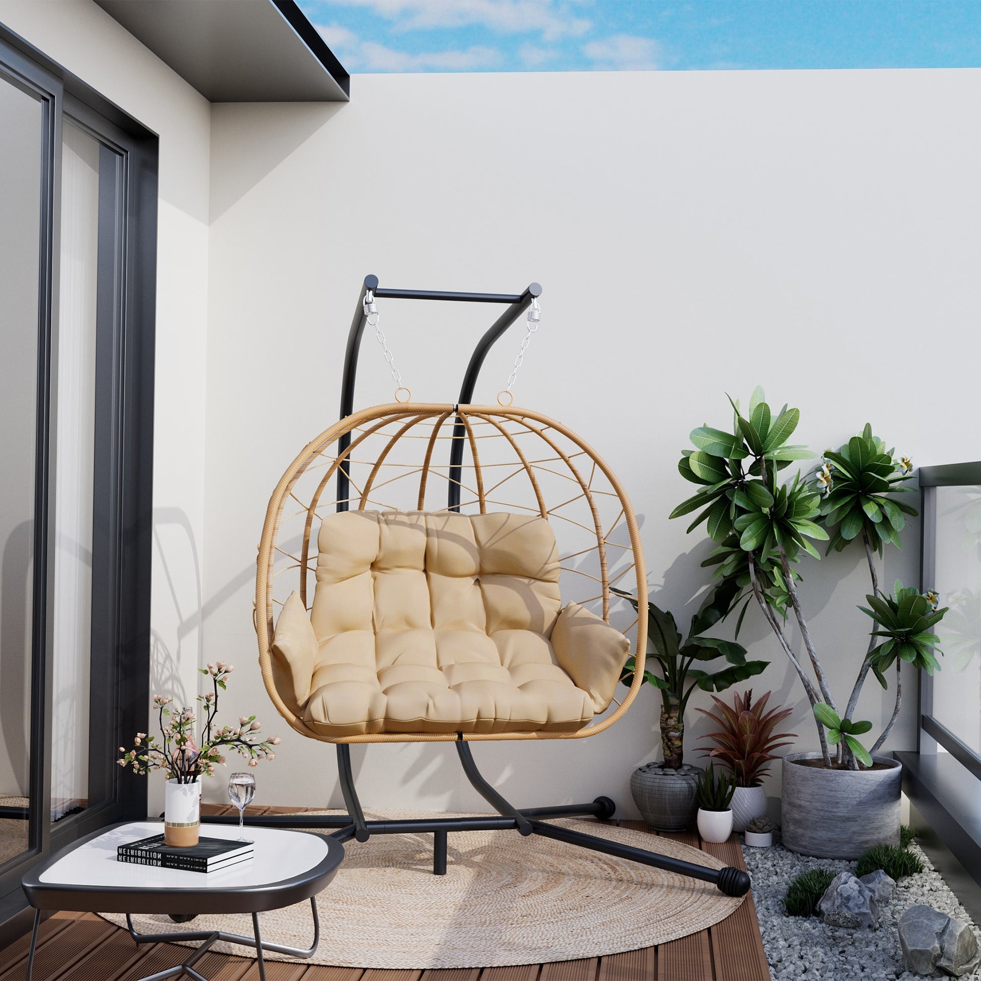 PamaPic Swing Chair Rattan Black Iron Frame Hanging Egg Chair with Brown Cushioned Seat