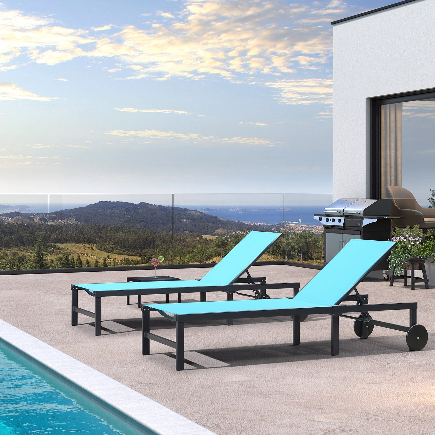 PURPLE LEAF Outdoor Chaise Lounge with Wheels and Table Set of 2 Woven 2 chairs+table Aluminum Frame Stationary Chaise Lounge Chair with Blue Woven Seat