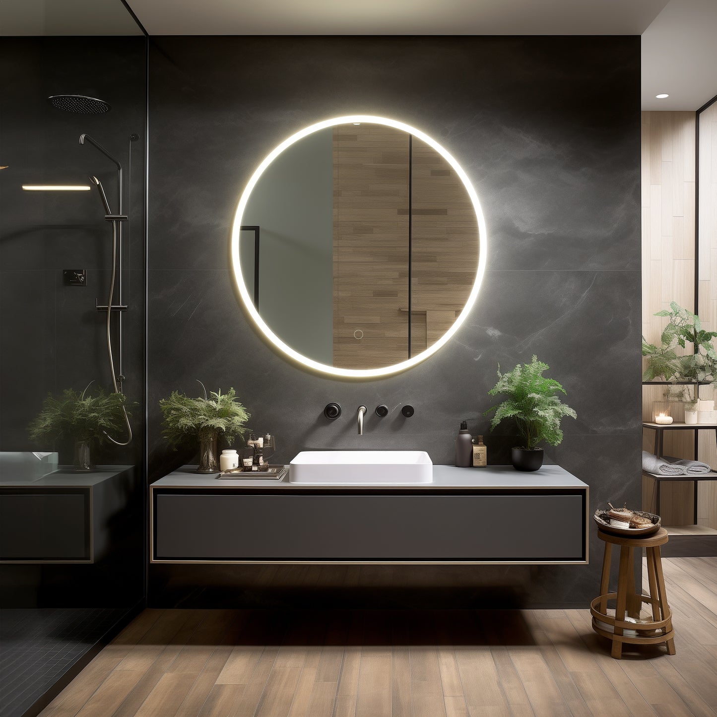 Dreamwerks LED Mirrors 36-in x 36-in Beveled Frameless Round Dimmable LED Lighted Fog Free Bathroom Vanity Mirror ( Clear )